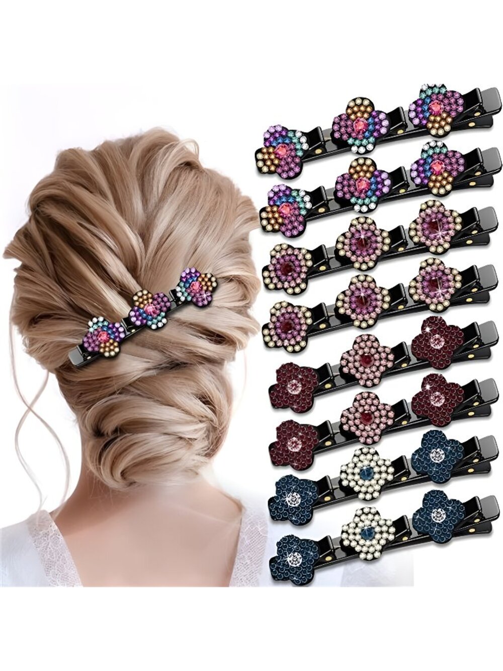8 PCS Sparkling Crystal Stone Braided Hair Clips, Triple Hair Clips for Women